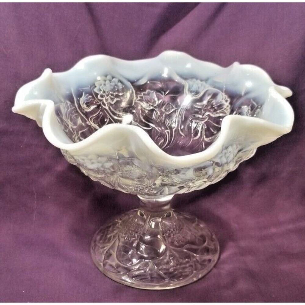 FENTON WHITE FRENCH OPALESCENT XL COMPOTE 11" WATER LILY VINTAGE 1950'S